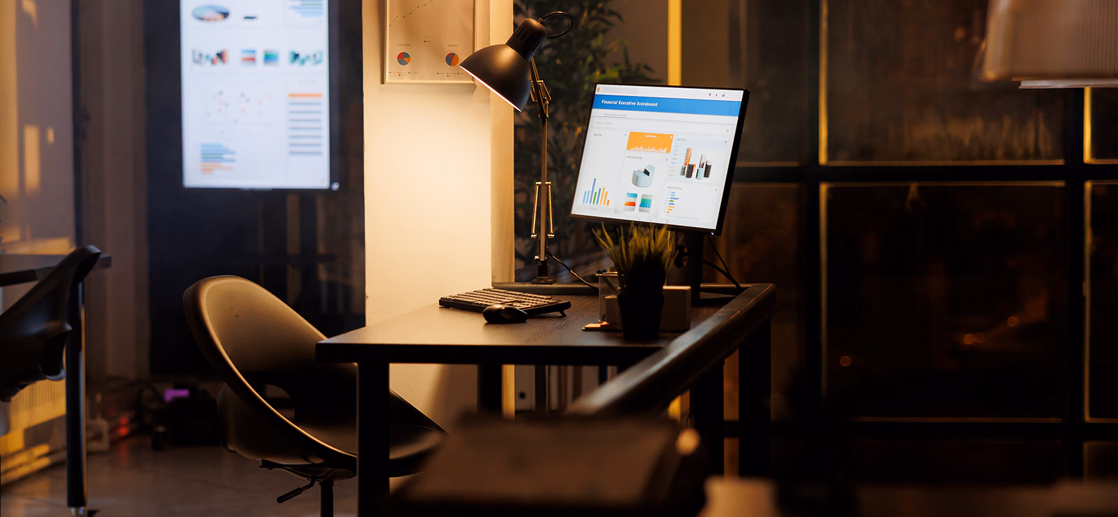 Creative studio night shot with screen and desk lamp